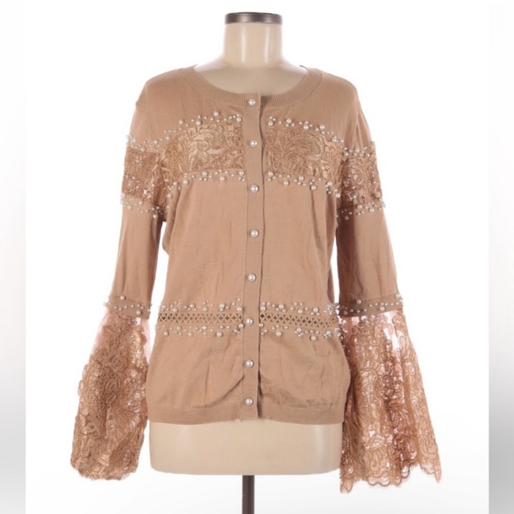 Boston Proper tan pearl cardigan L
